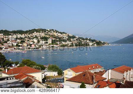 Igalo, Montenegro, August 2021. View Of The Boko-kotor Bay, Mountains And The Village Of Herceg Novi