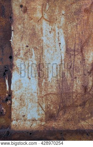 Old Light Blue Painted Grey Rusty Rustic Rust Iron Metal Frame Background Texture, Vertical Aged Dam