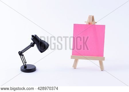 Wooden Easel Miniature With Blank Colored Square Canvas Or Memo Paper - Mockup. Mini Wooden Stand Wi