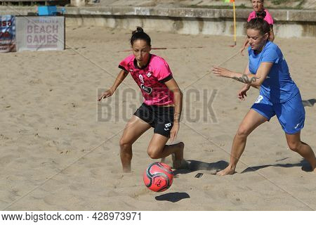Odessa, Ukraine July 8, 2021: Ukrainian Beach Soccer Women's Cup. The Girl's Footballers Are Despera