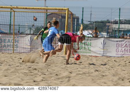 Odessa, Ukraine July 8, 2021: Ukrainian Beach Soccer Women's Cup. The Girl's Footballers Are Despera