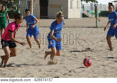 Odessa, Ukraine July 8, 2021: Ukrainian Beach Soccer Women's Cup. The Girl's Footballers Are Despera