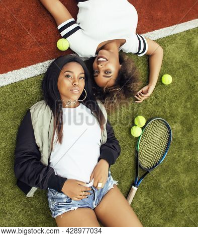 Young Pretty Girlfriends Hanging On Tennis Court, Fashion Stylish Dressed Swag, Best Friends Happy S