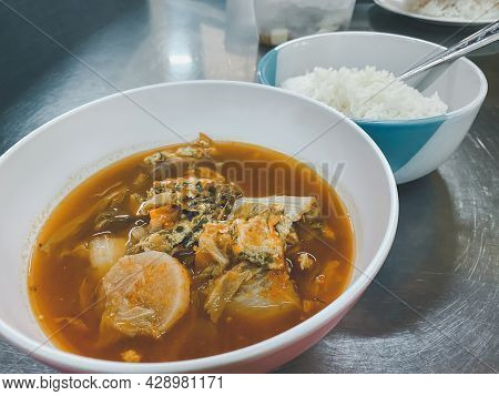 Hot And Sour Katuri Flower Soup For Sale At Thai Street Food Market Or Restaurant In Thailand