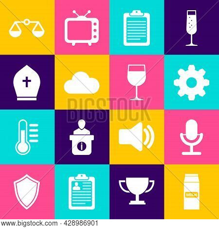 Set Paper Package For Milk, Microphone, Cogwheel Gear Settings, Clipboard With Document, Cloud And P