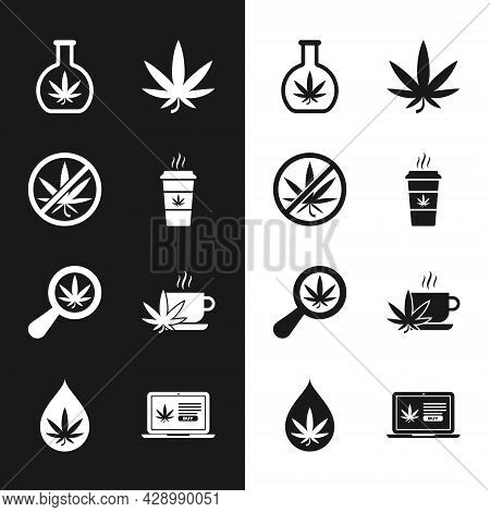 Set Cup Coffee With Marijuana, Stop, Test Tube, Marijuana Or Cannabis Leaf, Magnifying Glass And, Te