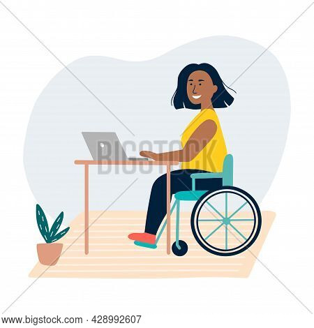 Disabled Brazil Woman Sitting In A Wheelchair. The Concept Of Employment For People With Special Nee