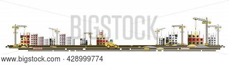 Construction Of New Microdistrict Of City. Cranes And Tractors. Modern Technologies And Equipment. H