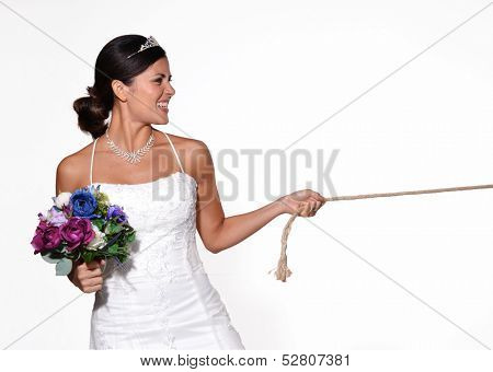 Anger bride pulling a rope,involuntary marriage