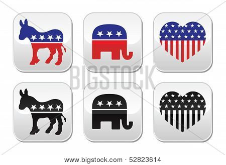 USA political parties button: democrats and repbublicans