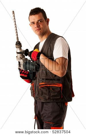 Construction Worket With Drilling Machine Isolated Over White Background