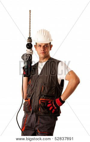 Construction Worket With Drilling Machine Isolated Over White Background
