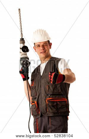 Construction Worket With Drilling Machine Isolated Over White Background