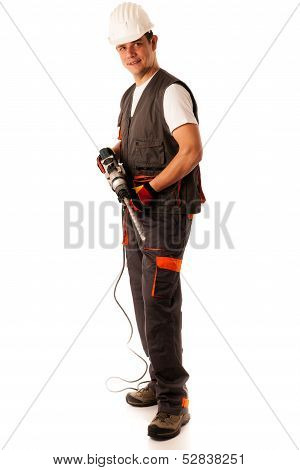 Construction Worket With Drilling Machine Isolated Over White Background