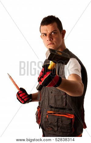 Angry Construction Worker Threats With Hamer