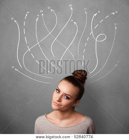 Pretty young woman thinking with arrows in different directions above her head