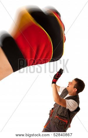 Recession Strike Work Force - Giant Fist Smashes Worker