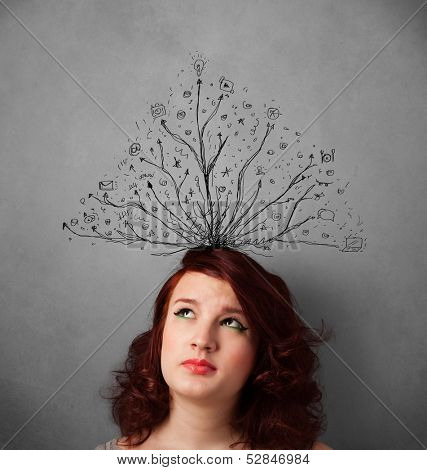 Pretty young woman thinking with tangled lines coming out of her head