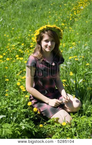 Chica en una coronilla contra un prado