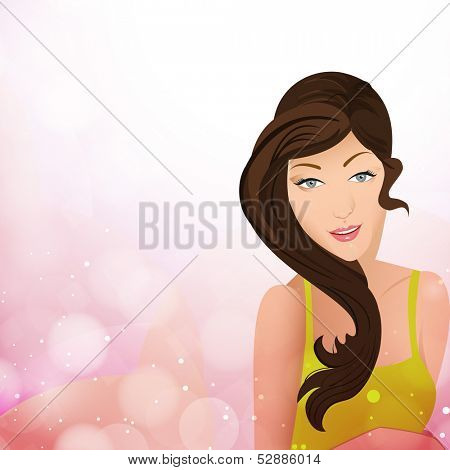 Beautiful young girl smiling on shiny abstract background.