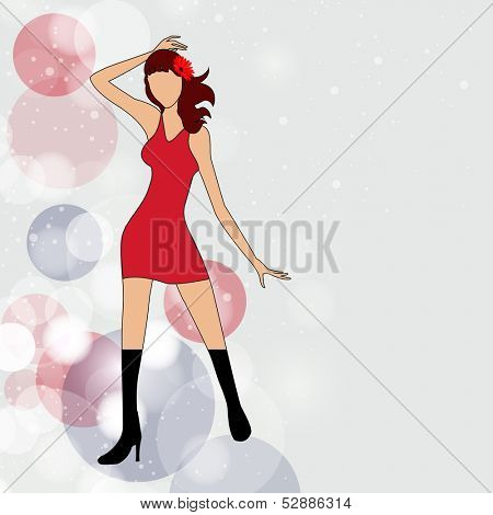 Young fashionable girl in red dress on abstract shiny background.