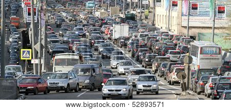 MOSCOW - APR 29: Cars stands in traffic jam on the city center, April 29, 2011, Moscow Russia. In Moscow continues rapid growth cars park, now more than 380 cars per 1,000 inhabitants.