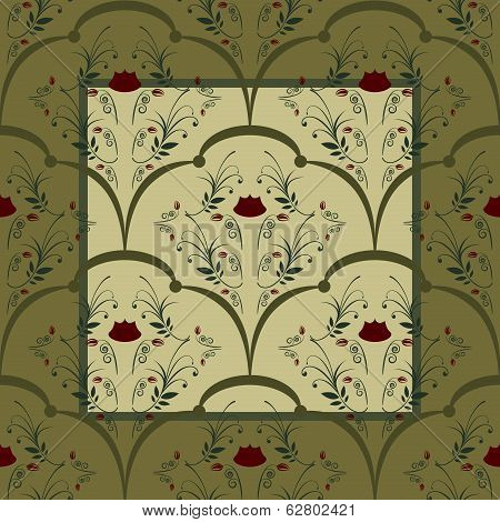 Green leaf, flowers on khaki background