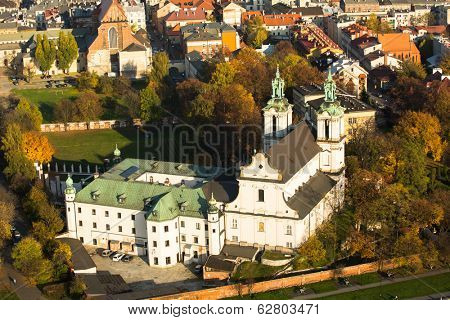 KRAKOW, POLAND - OCT 20, 2013: View of the Church of St. Stanislaus Bishop. In 1733-1751 the church received a baroque decor. It is one of the most famous Polish sanctuaries.