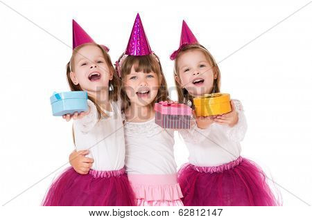 Cute little girls with gifts, isolated on white background