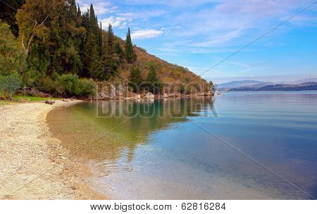 The view across Kalami Bay in Corfu, Greece, which was made famous by British writer Lawrence Durrell's account of his idyllic life here in the 1930s.