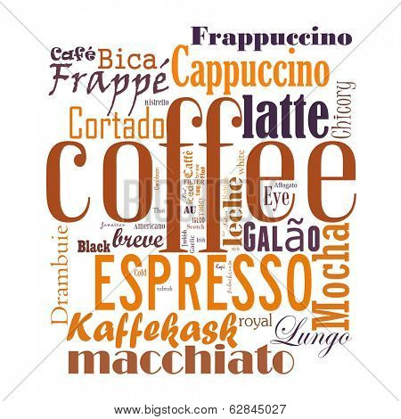 Coffee, espresso, cappuccino, macchiato, Word cloud, tag cloud text business concept. Word collage