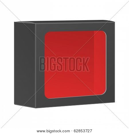 Blank black product package box with window. Vector, isolated on