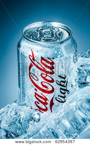 MOSCOW, RUSSIA-APRIL 4, 2014: Can of Coca-Cola Lignt on ice. Coca-Cola is a carbonated soft drink sold in stores, restaurants, and vending machines throughout the world.