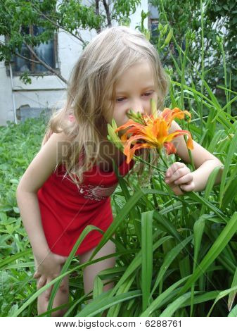 Petite fille, sentir une fleur
