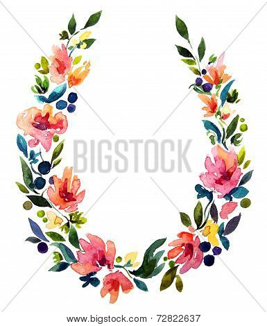hand painted watercolor wreath. Flower decoration. Floral design.