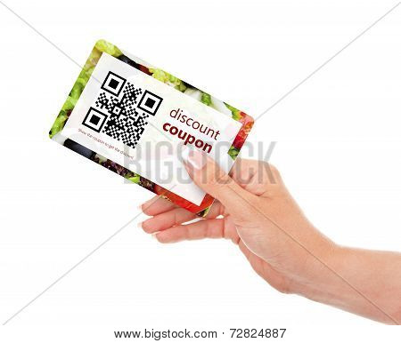 Hand Holding Food Discount Coupon With Qr Code Isolated Over White