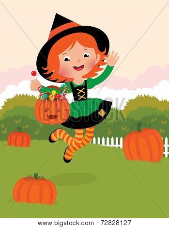 Girl In Witch Costume Celebrates Halloween