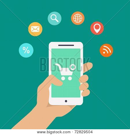 Smartphone apps infographics with a hand holding a phone with  icons for shopping