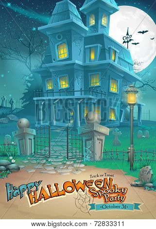 Holiday card for Halloween with a strange and mysterious house with ghosts