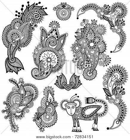 black line art ornate flower design collection, ukrainian ethnic