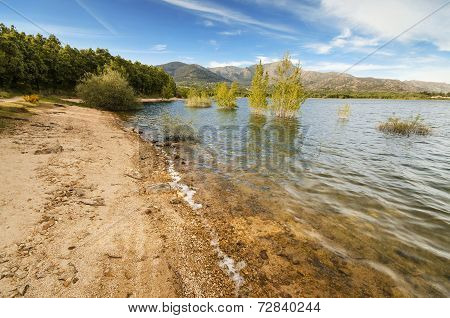 Scenic view of a tranquil lake in Navacerrada village Madrid Spain.
