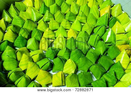 Dessert Stuffed Dough Pyramid In Banana Leaf