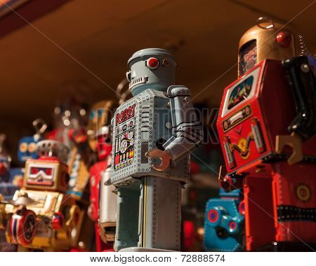 Vintage Tinplate Robots On Display At Homi, Home International Show In Milan, Italy
