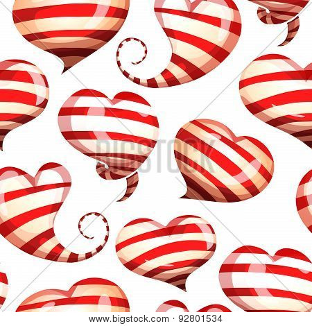Seamless pattern of bright, striped hearts on a white background. Vector. Good as background for Val
