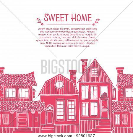 Template greeting card with place for your text. Frame of pink silhouettes of houses.