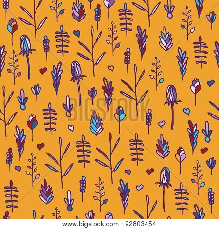 Seamless floral pattern on orange background. Vertical orientation. Doodle style. Vector.
