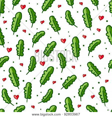 Simple seamless pattern. Green plants, red hearts and dots. Vector.