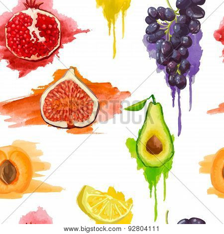 Seamless pattern. Fruits with watercolor splashes. On a white background. Vector.