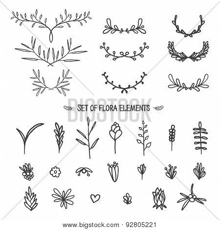 Big set of vintage floral elements. Doodle style. Vector.