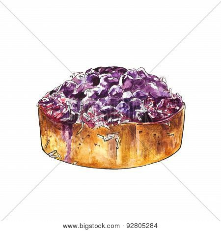 Watercolor blueberry cake with coconut